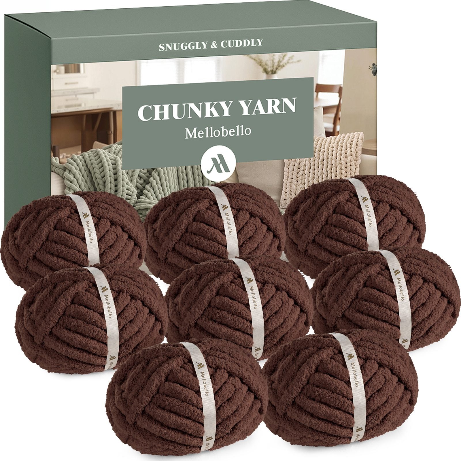 malloon(マルーン) MelloBello Jumbo Chunky Chenille Yarn 8 Pack Dark Coffee Solid