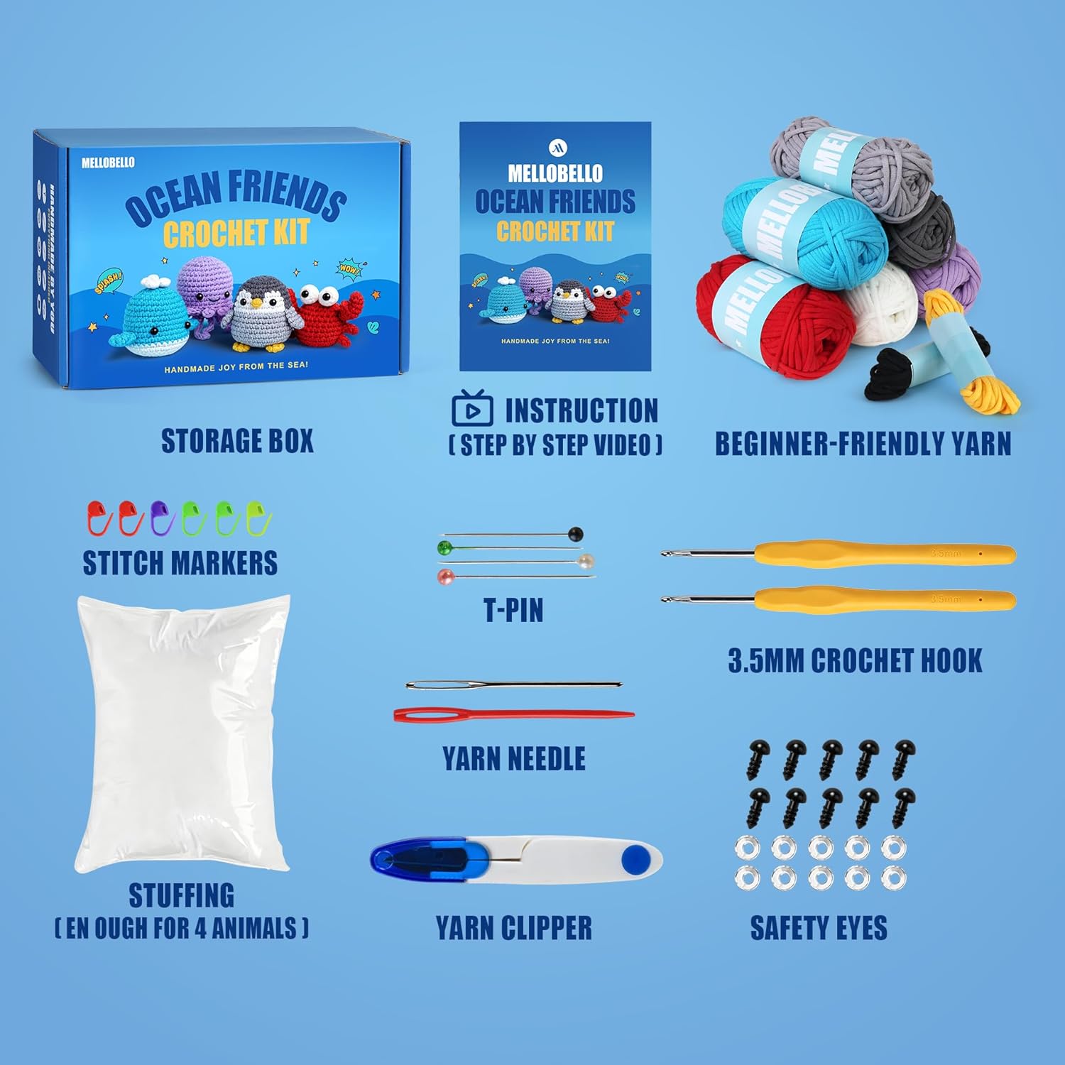 Crochet Kit for Beginners Adults - 4 Styles Beginner Knitting Crochet Animal Kit with Easy Yarn - Learn to Crocheting Amigurumi Starter Set - Knit Patterns Supplies Crafts Hobbies Gifts for Women