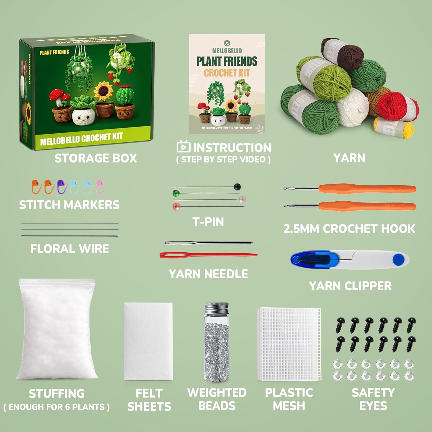 Crochet Kit for Beginners - 6 Styles Plant Crochet Kit with Step-by-Step Video Tutorials - Easy to Learn Beginner Crochet Kit for Adults - Amigurumi Knitting Arts and Crafts Hobbies Gifts for Women